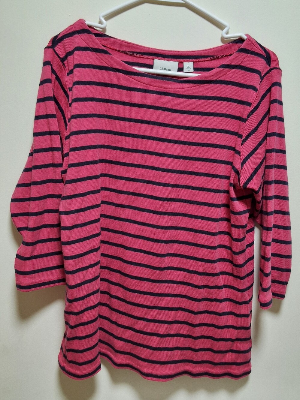 L.L. Bean Pink & Navy Striped 3/4 Sleeve Boatneck Top